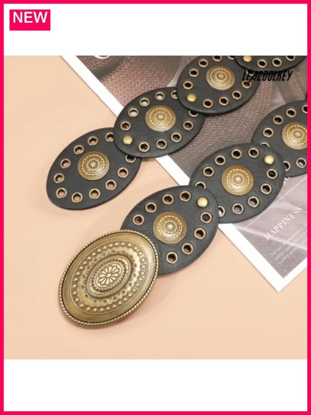 Faux Leather Hollow Western Disc Belt with Vintage Buckle
